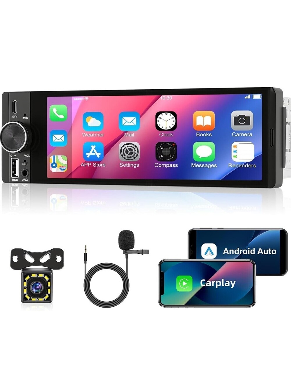 6.36" Single DIN Car Stereo Wireless CarPlay Android Auto Bluetooth